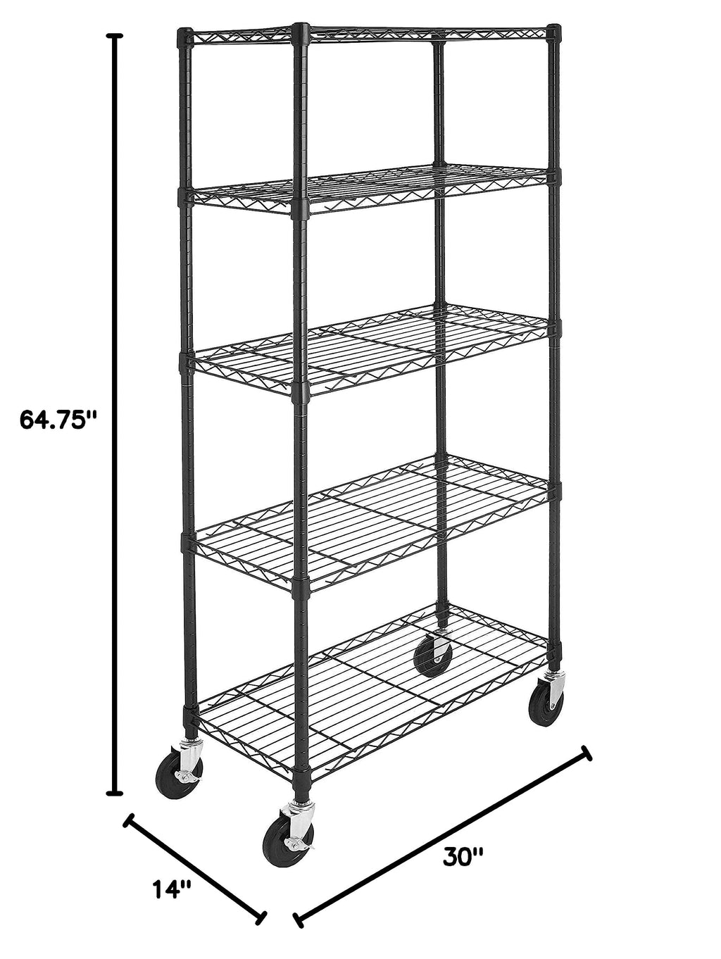 5-Shelf Heavy Duty Adjustable Metal Wire Shelving Storage Rack with Wheel Casters, Black D7951
