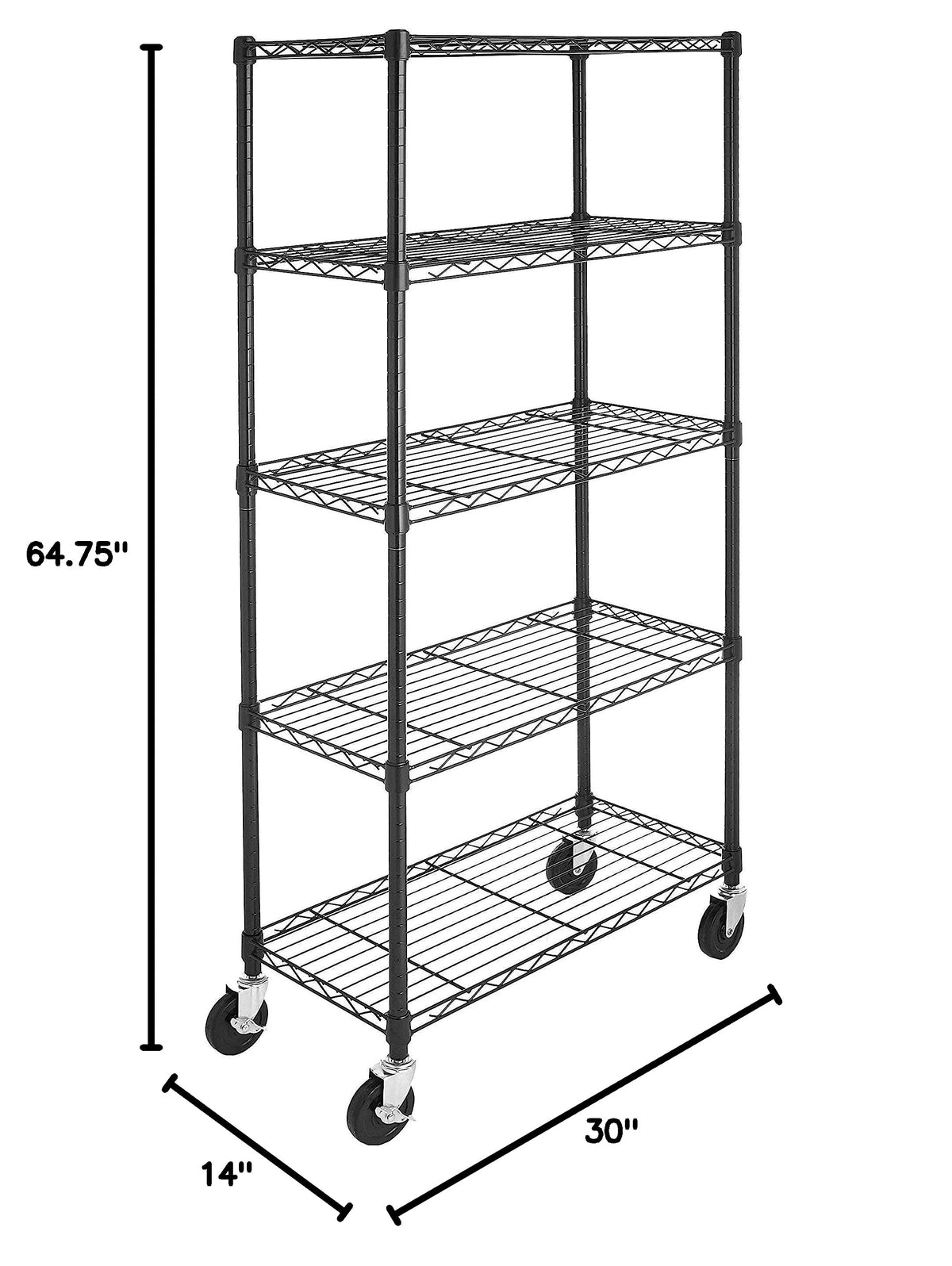 5-Shelf Heavy Duty Adjustable Metal Wire Shelving Storage Rack with Wheel Casters, Black D7951