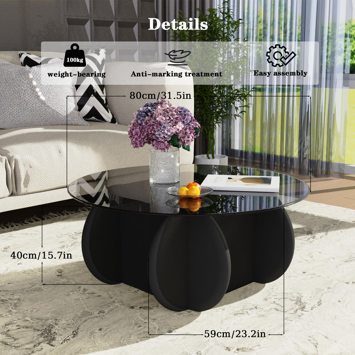Black Round Glass Top Coffee Table E5505