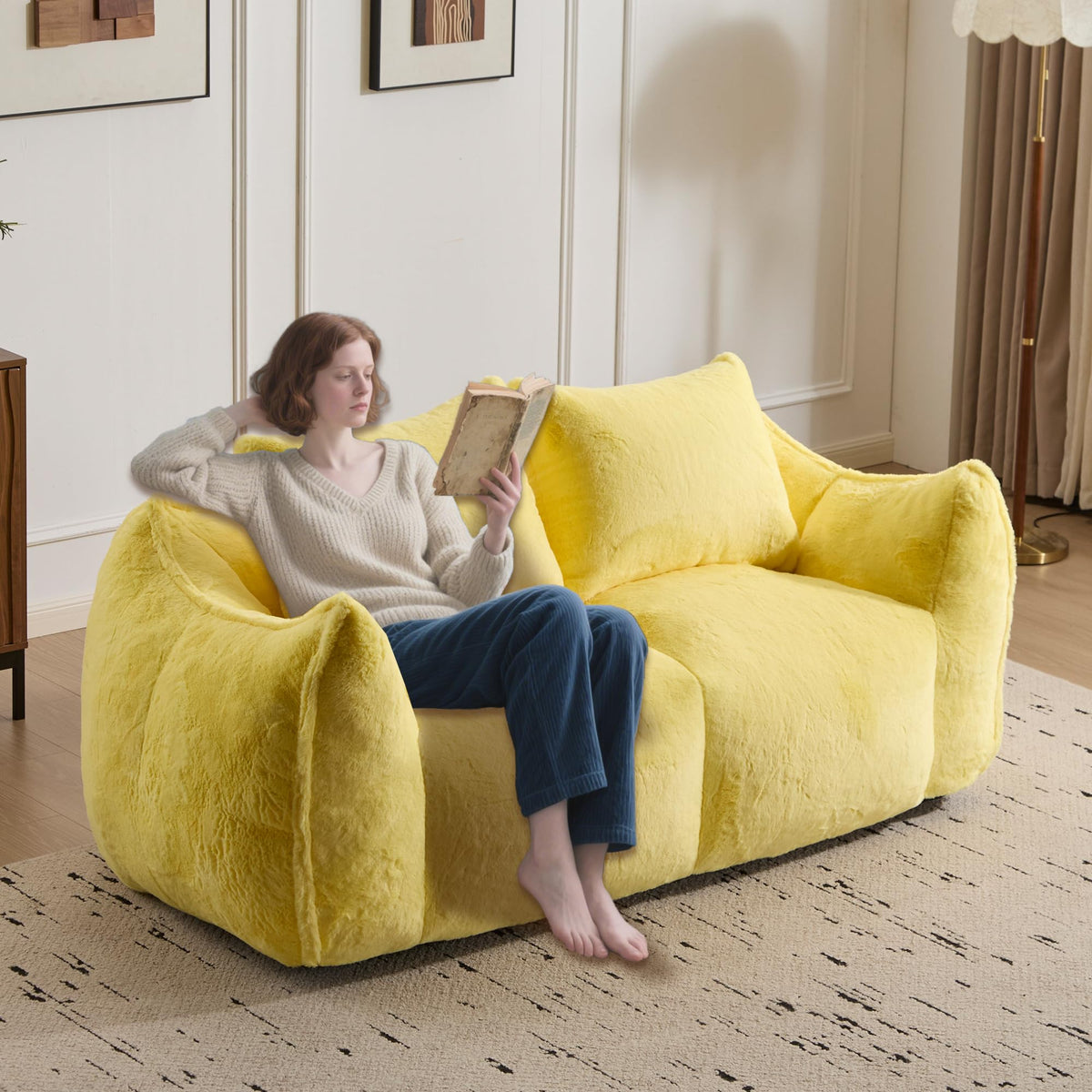 Oversized Yellow Fluffy Loveseat with Pillows I89449
