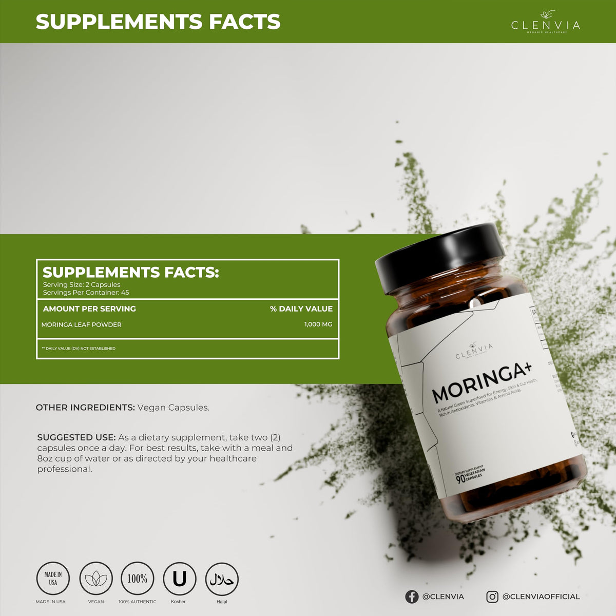 90 Capsules 1000mg Organic Moringa Leaf Powder Capsules U58028