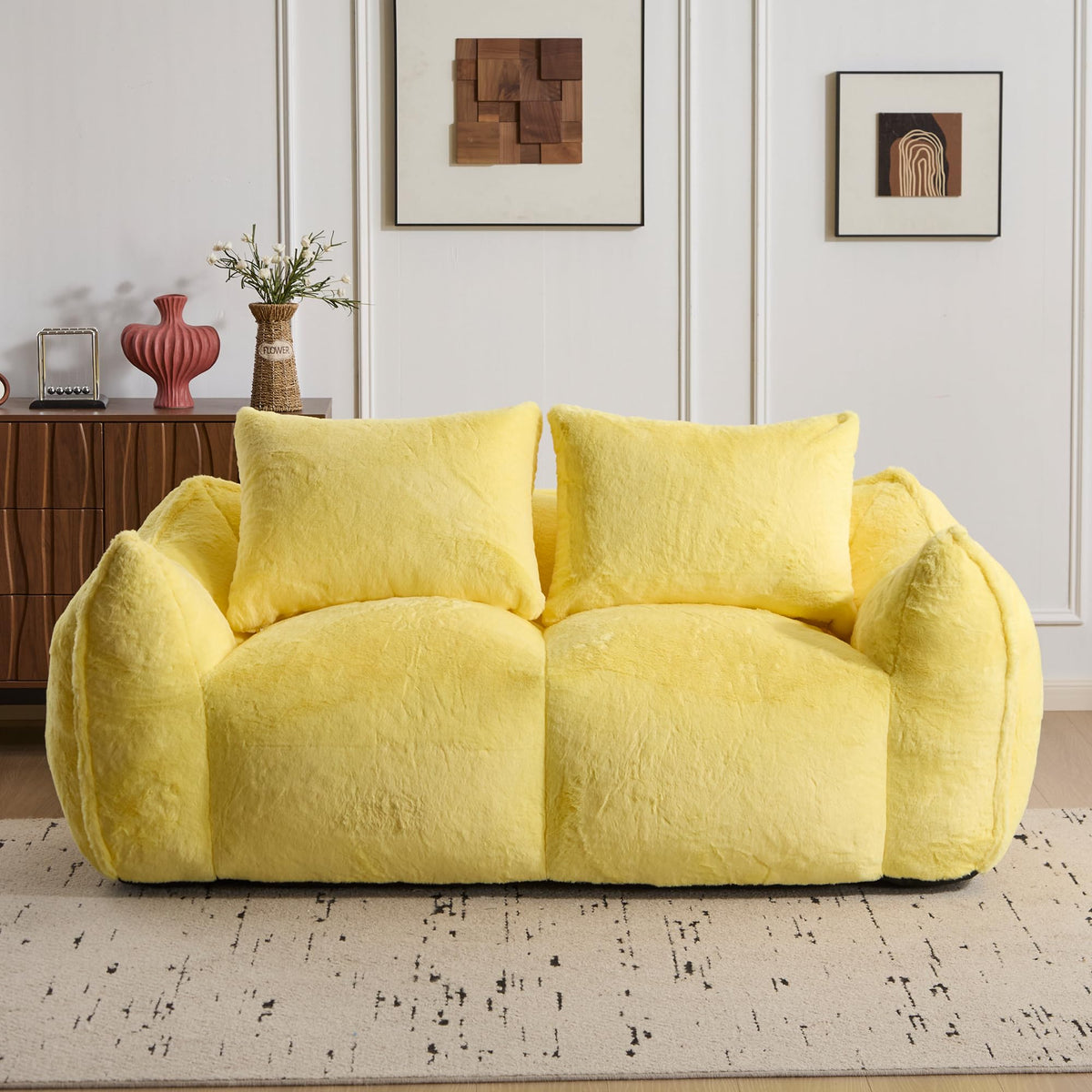 Oversized Yellow Fluffy Loveseat with Pillows I89449