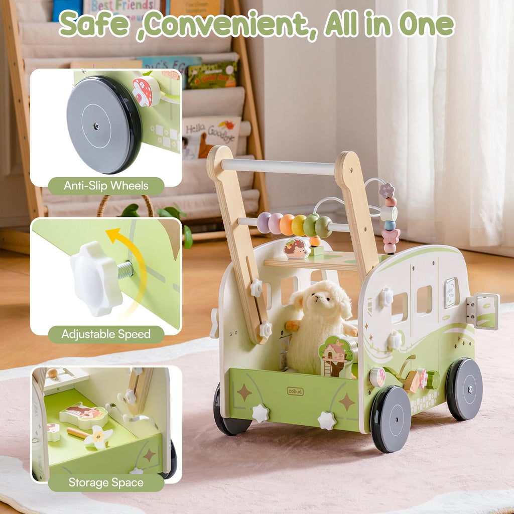 Wooden Adjustable Baby Push Walker with Anti-Slip Wheels G130