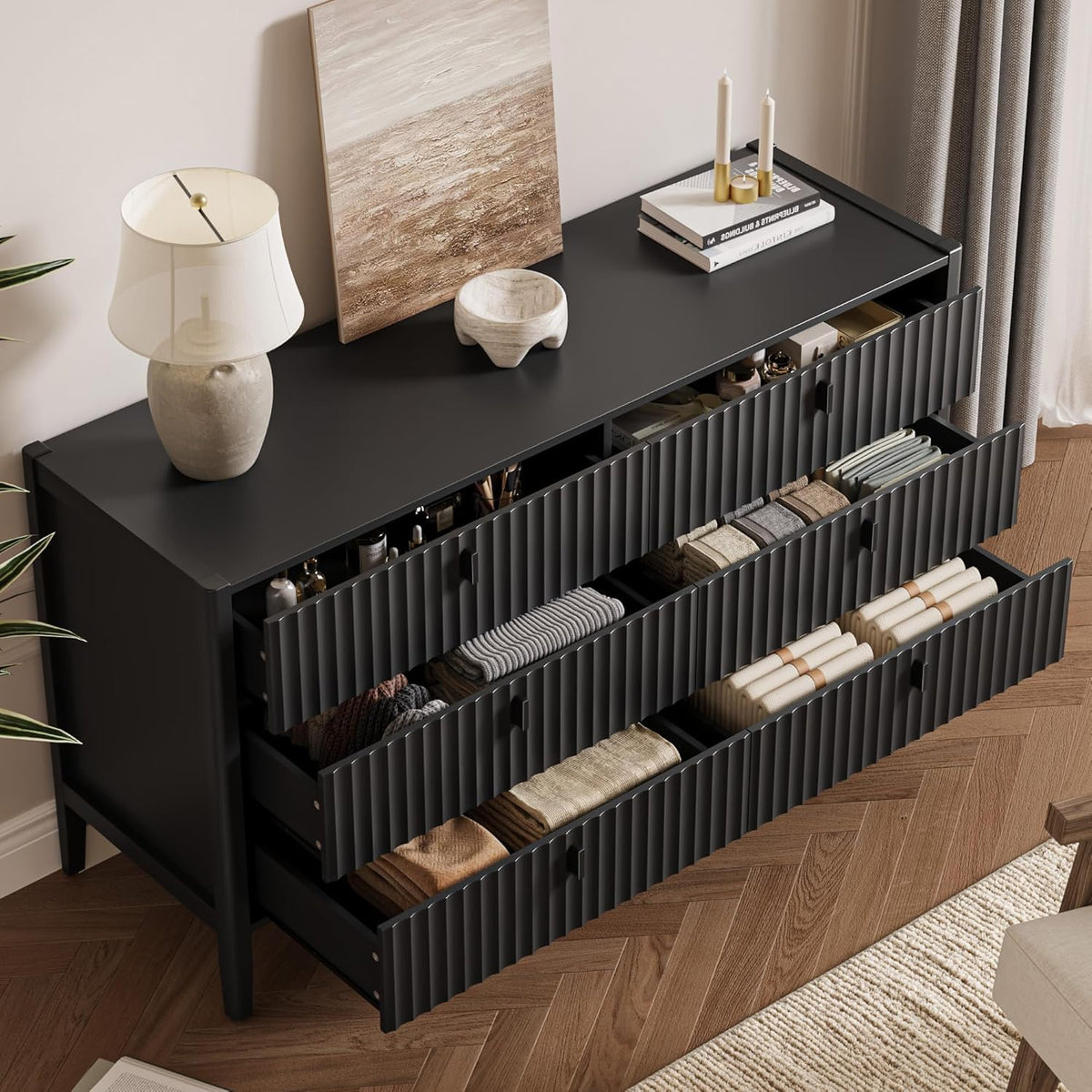 Black 6 Drawer Wood Dresser X10476