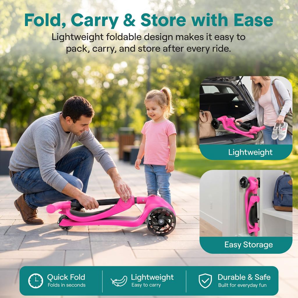 3 Wheel Scooter for Toddlers & Kids, Foldable Seat, LED Wheels, Adjustable Handlebar, Anti-Slip Deck, Rear Foot Brake, Lean-to-Steer, Pink B634