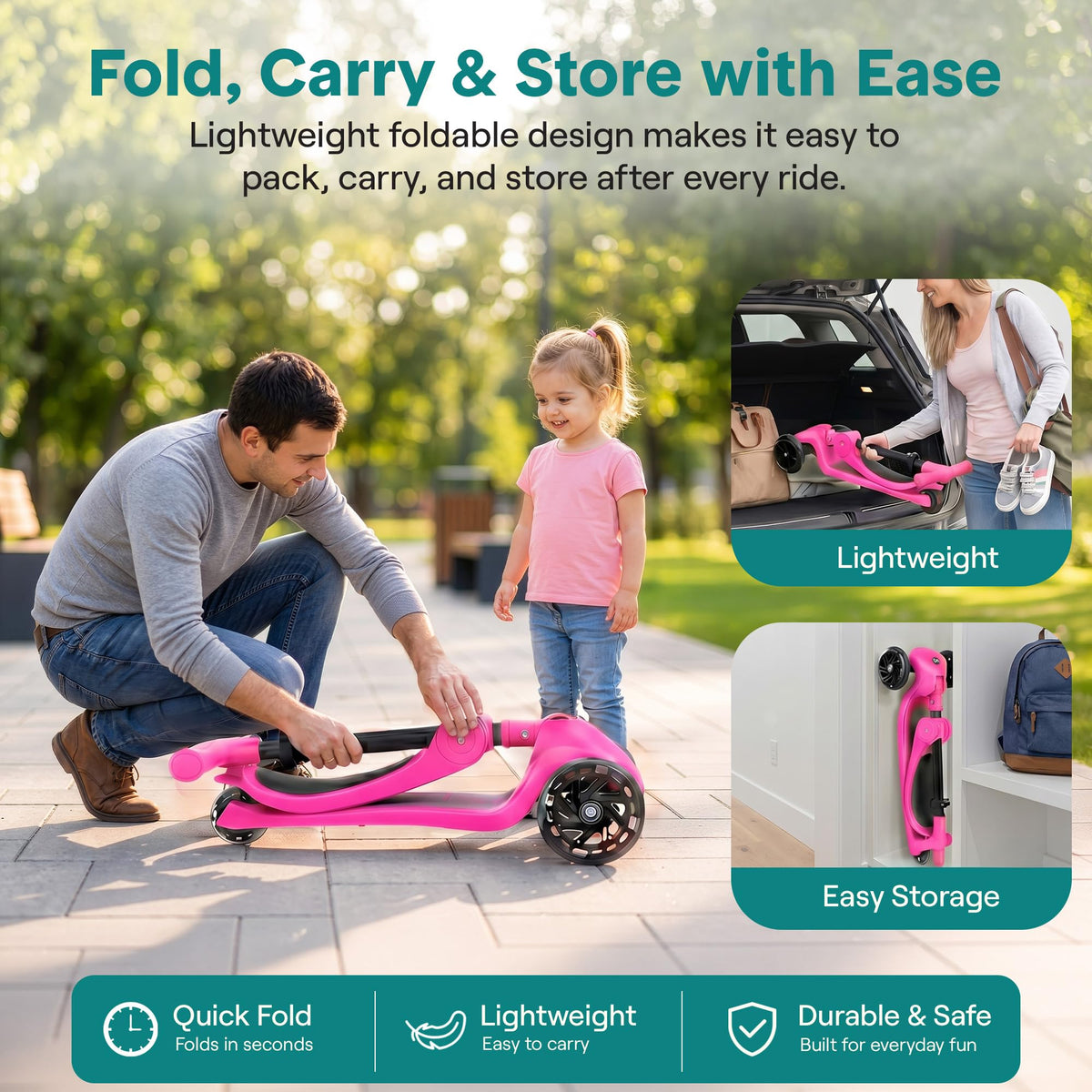 3 Wheel Scooter for Toddlers & Kids, Foldable Seat, LED Wheels, Adjustable Handlebar, Anti-Slip Deck, Rear Foot Brake, Lean-to-Steer, Pink B634