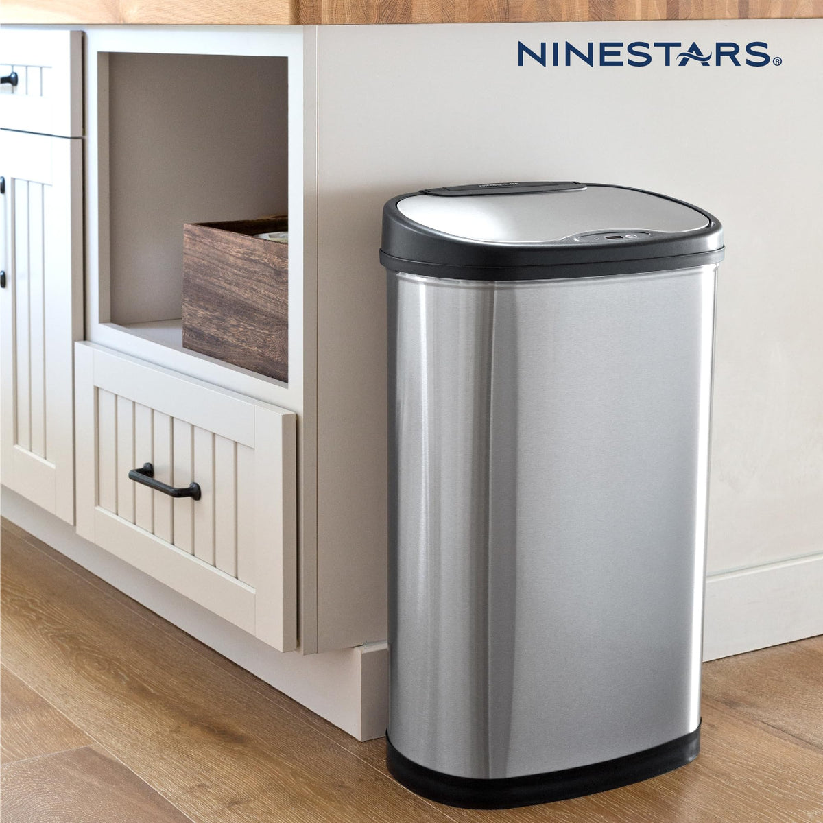 13 Gallon Oval Automatic Trash Can, 50L Touchless Motion Sensor Garbage Can with Odor-Sealing Lid & One-Touch Manual Mode, Silver Stainless Steel, Black Trim O385852