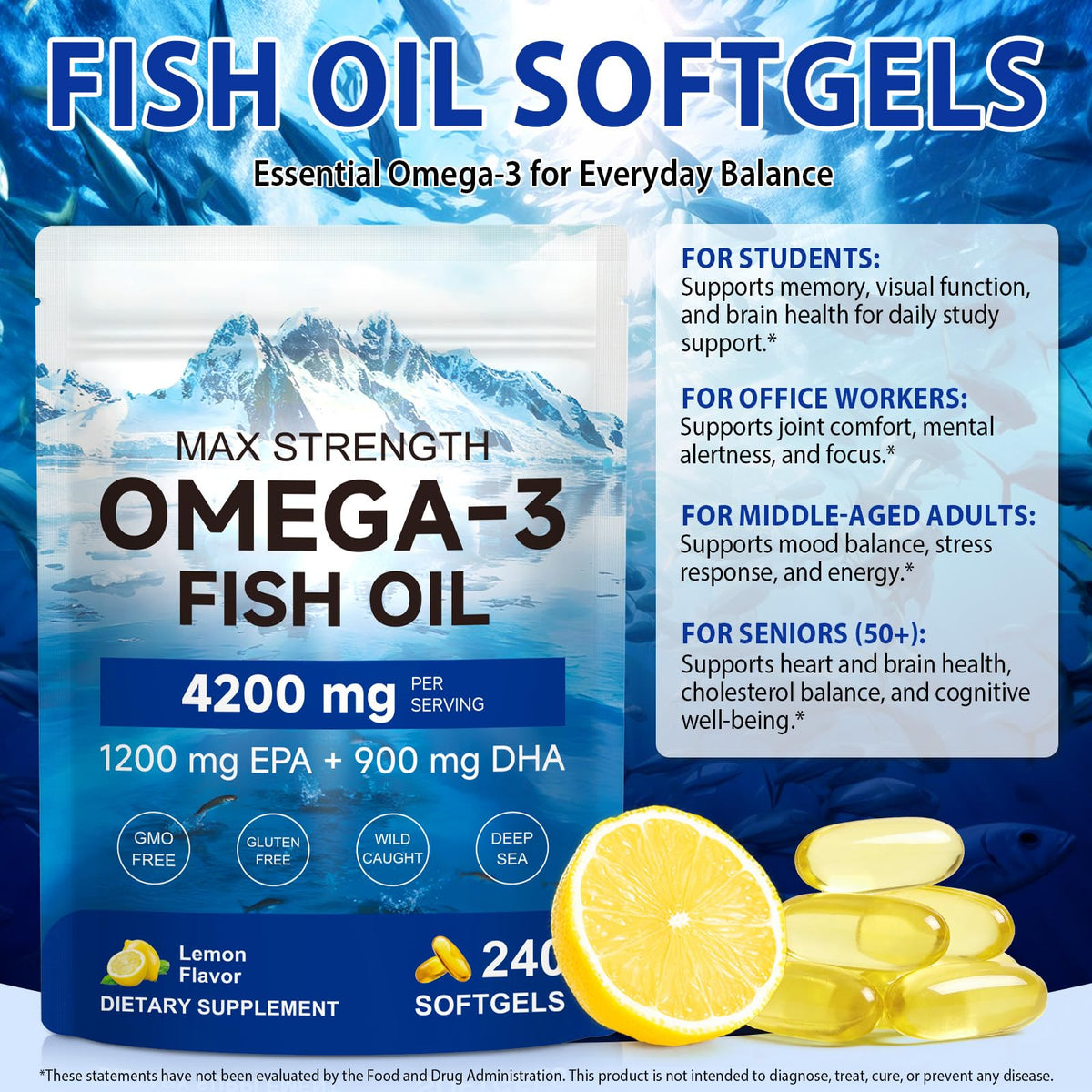 Omega 3 Fish Oil 4200mg 240 Softgels Lemon Flavor W500