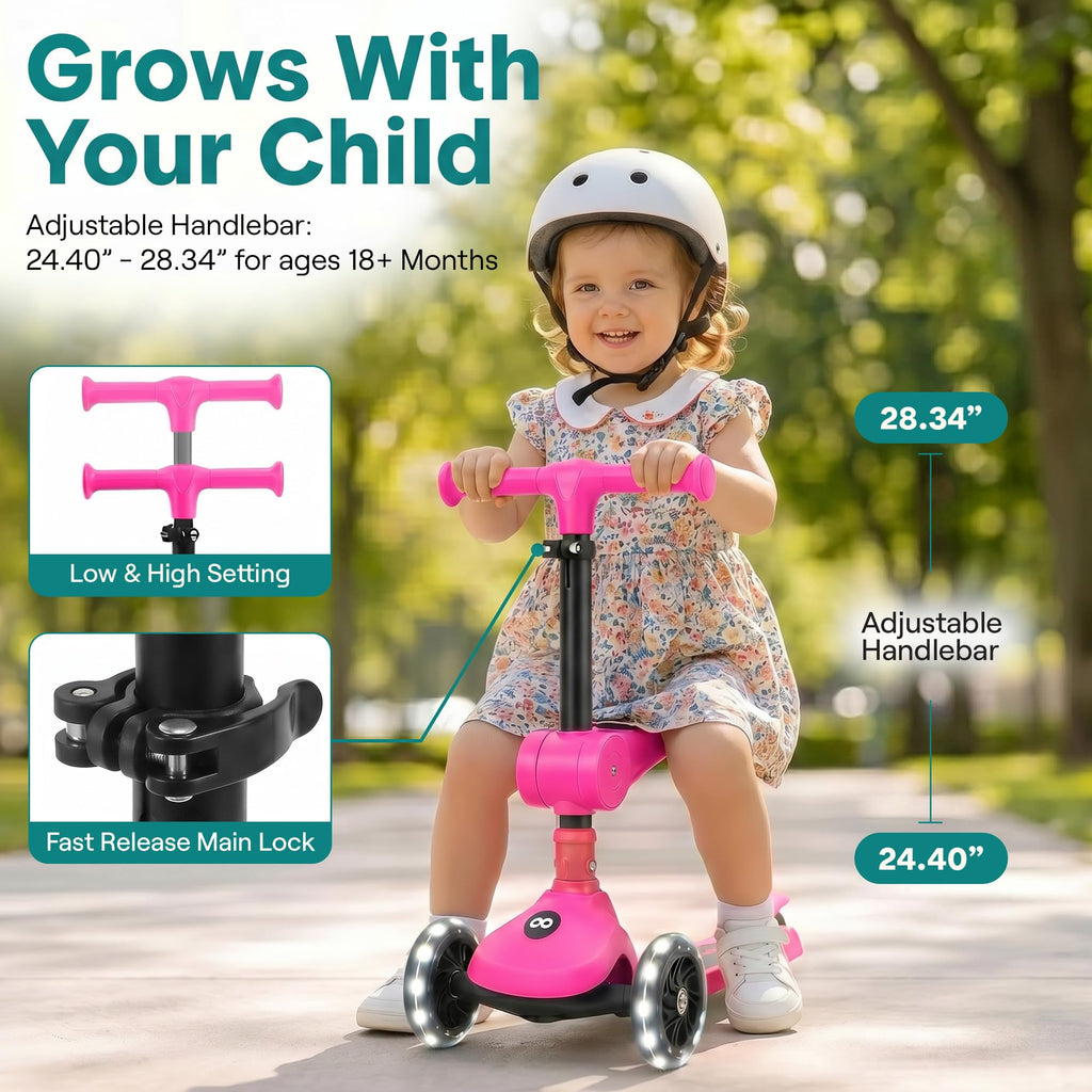 3 Wheel Scooter for Toddlers & Kids, Foldable Seat, LED Wheels, Adjustable Handlebar, Anti-Slip Deck, Rear Foot Brake, Lean-to-Steer, Pink B634