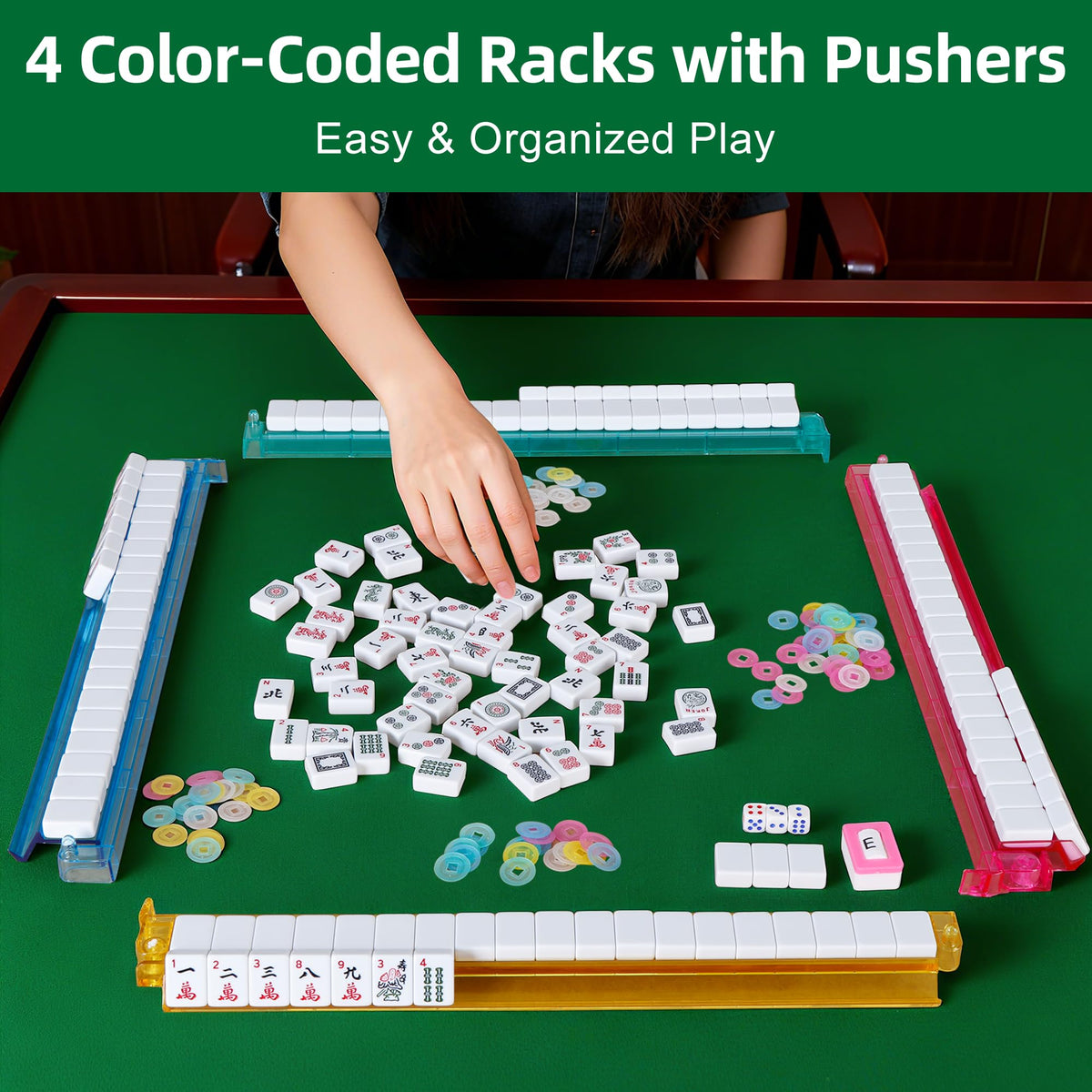 166 Tiles 4 Colors Mahjong Set with Rack Pushers Soft Bag A67813