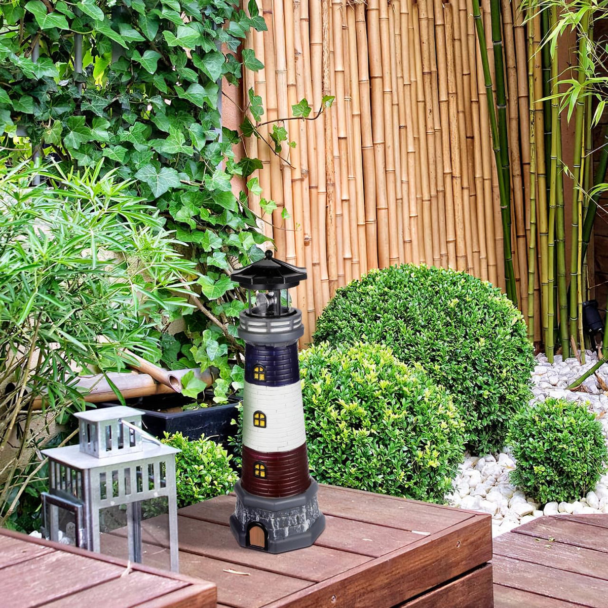 Solar Lighthouse Statue, Resin Waterproof, Black, 4.72 X 4.72 X 14.76 Inches P3110