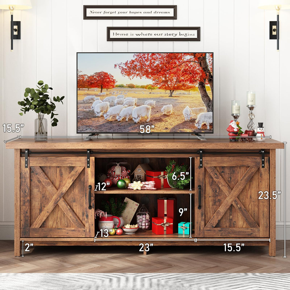 Farmhouse TV Stand with Adjustable Shelves & Sliding Barn Door X1769