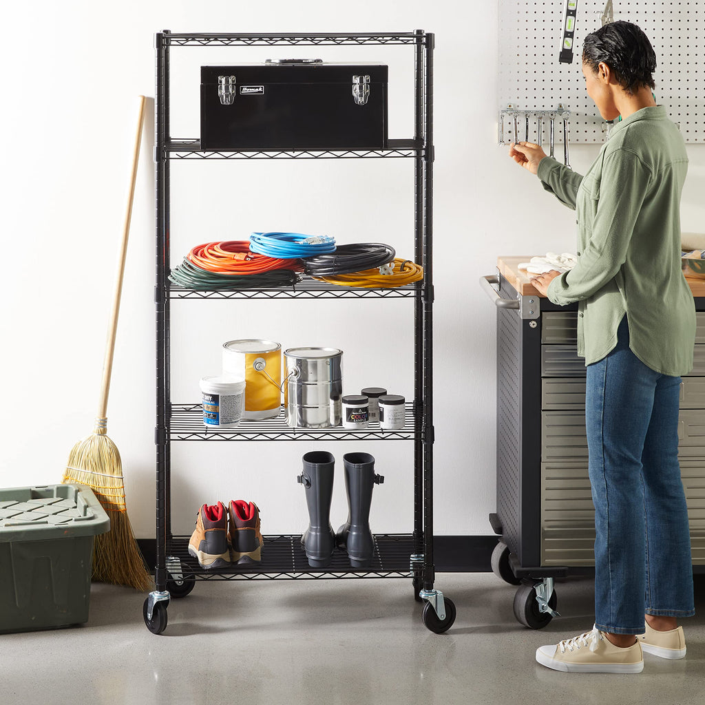 5-Shelf Heavy Duty Adjustable Metal Wire Shelving Storage Rack with Wheel Casters, Black D7951