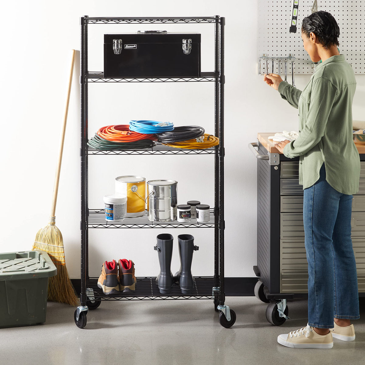 5-Shelf Heavy Duty Adjustable Metal Wire Shelving Storage Rack with Wheel Casters, Black D7951