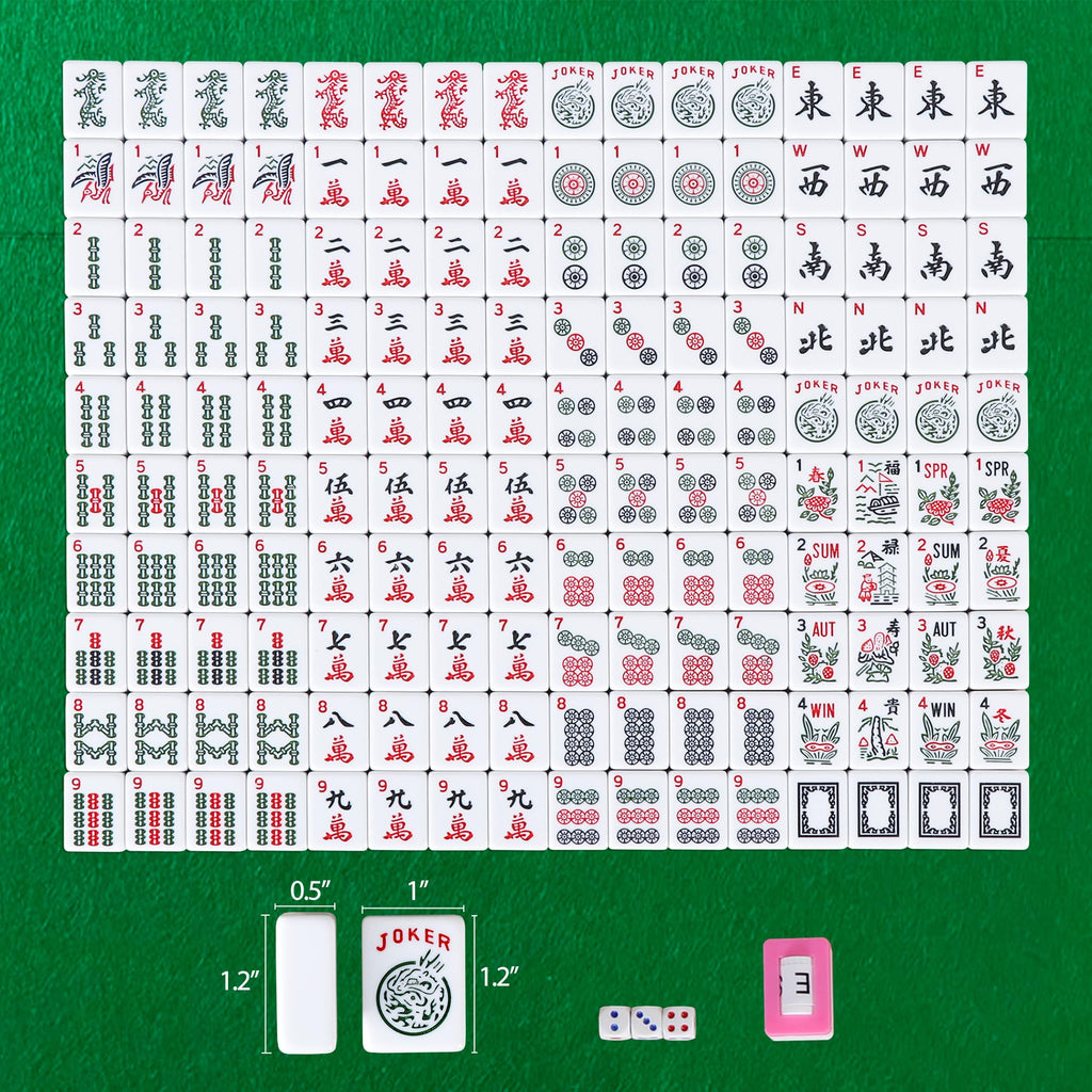 166 Tiles 4 Colors Mahjong Set with Rack Pushers Soft Bag A67813