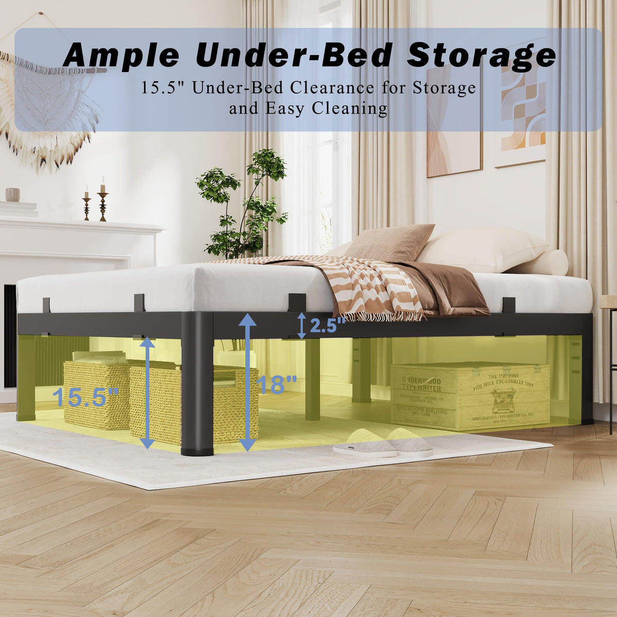 18 Inch Metal King Bed Frame with Steel Support V9695