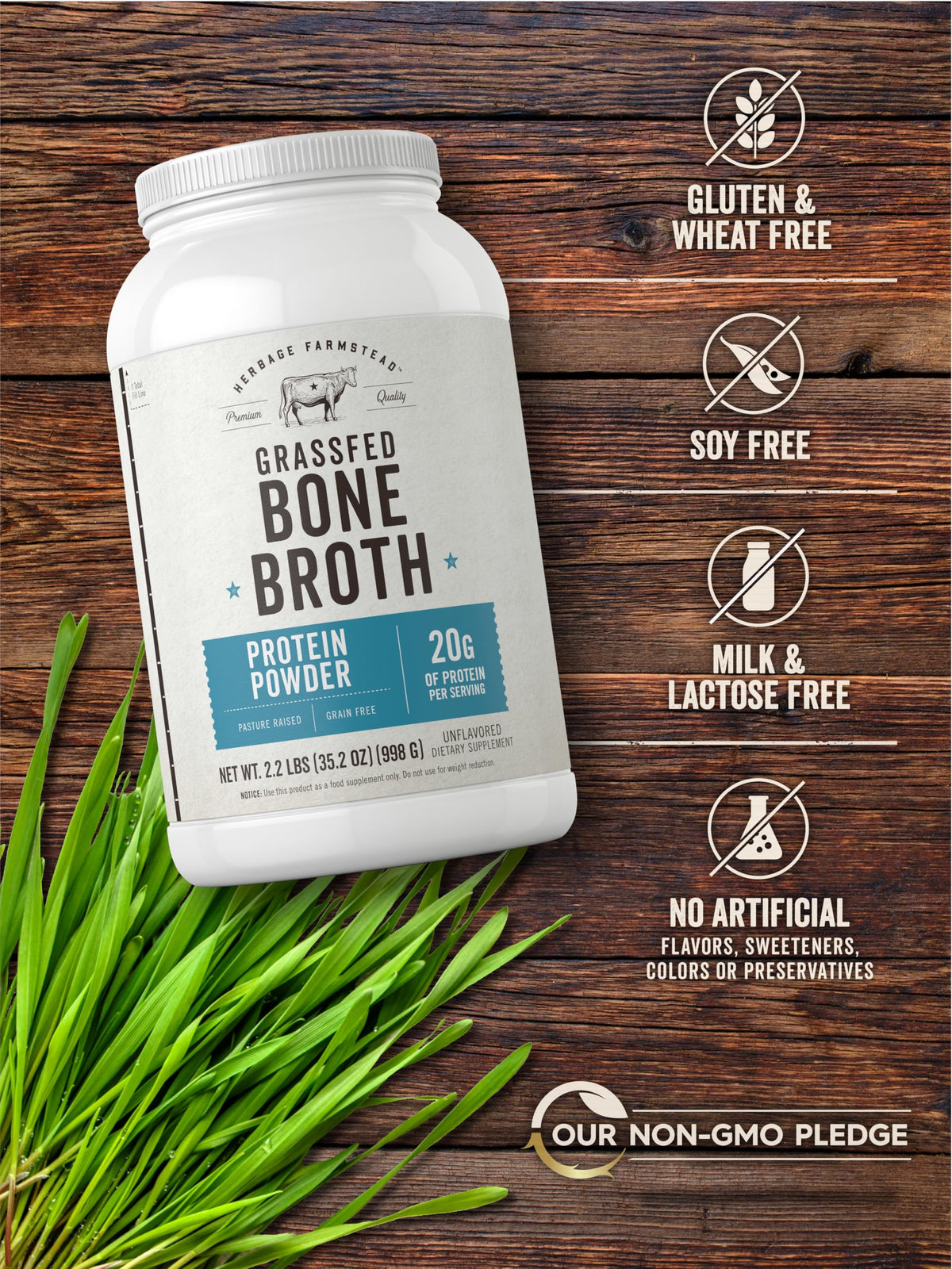 Grass Fed Bone Broth Protein Powder 35.2 oz 20g Protein Non-GMO Gluten Free V5882
