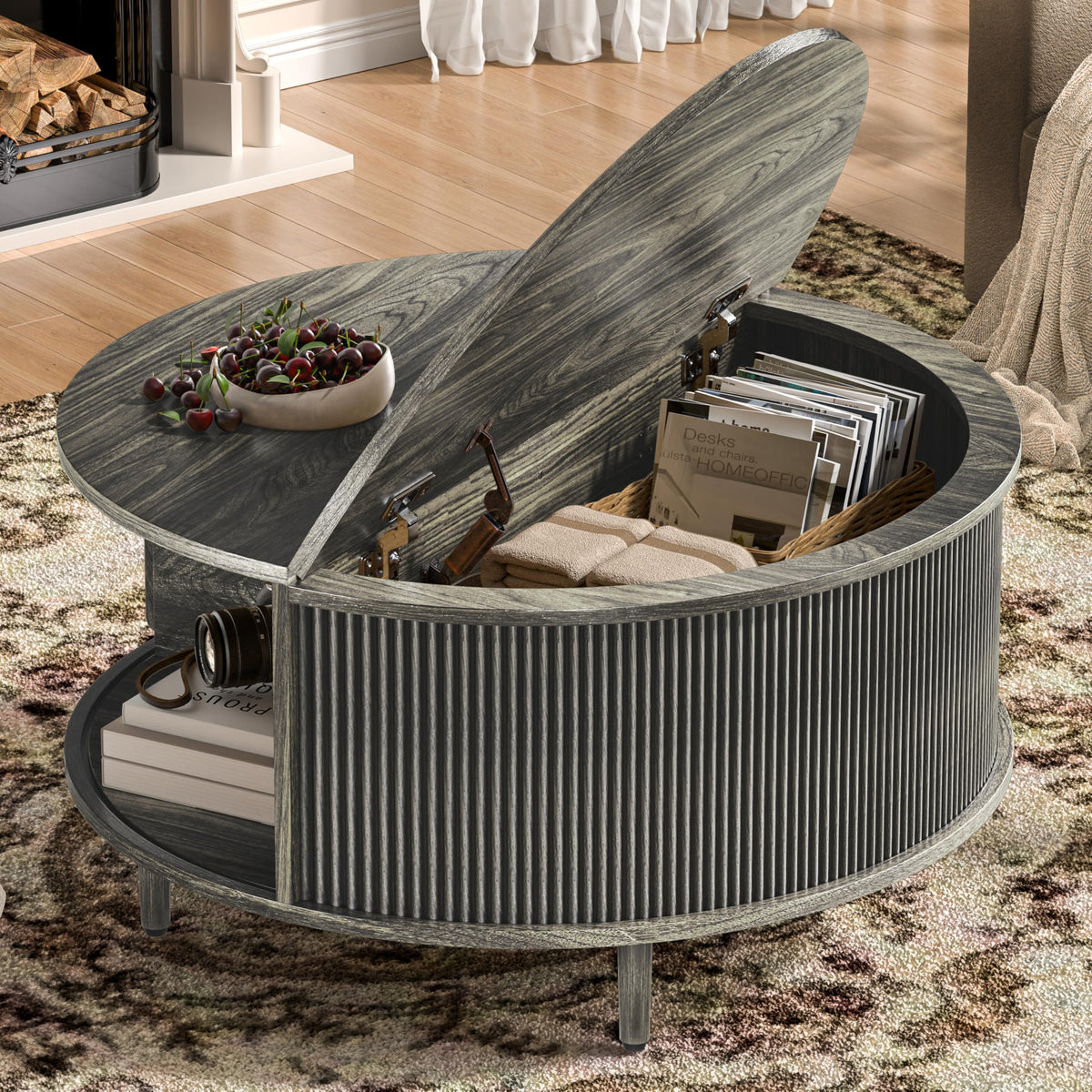 Round Coffee Table, 31.5" Lift-Top with Storage, Grey R70464