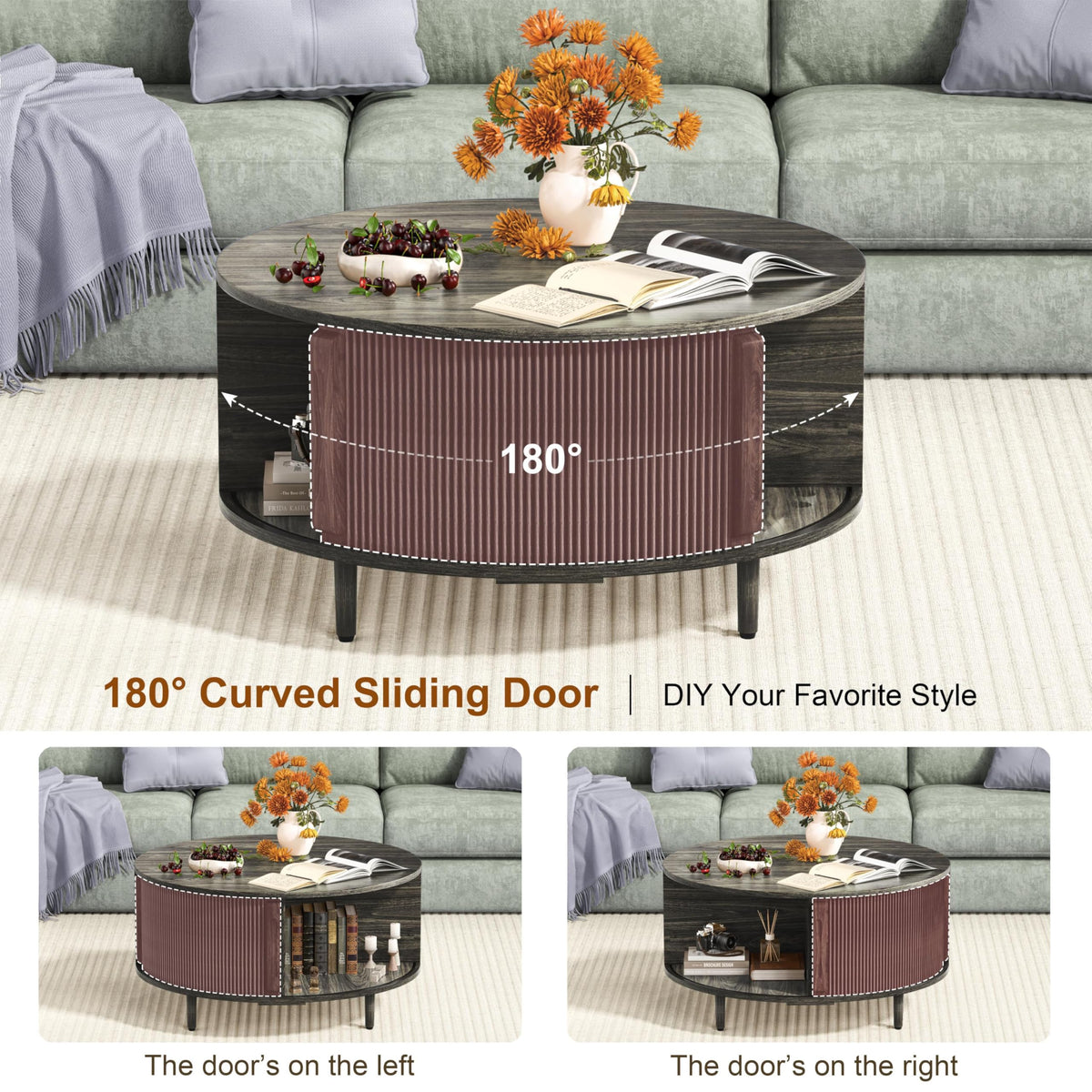 Round Coffee Table, 31.5" Lift-Top with Storage, Grey R70464
