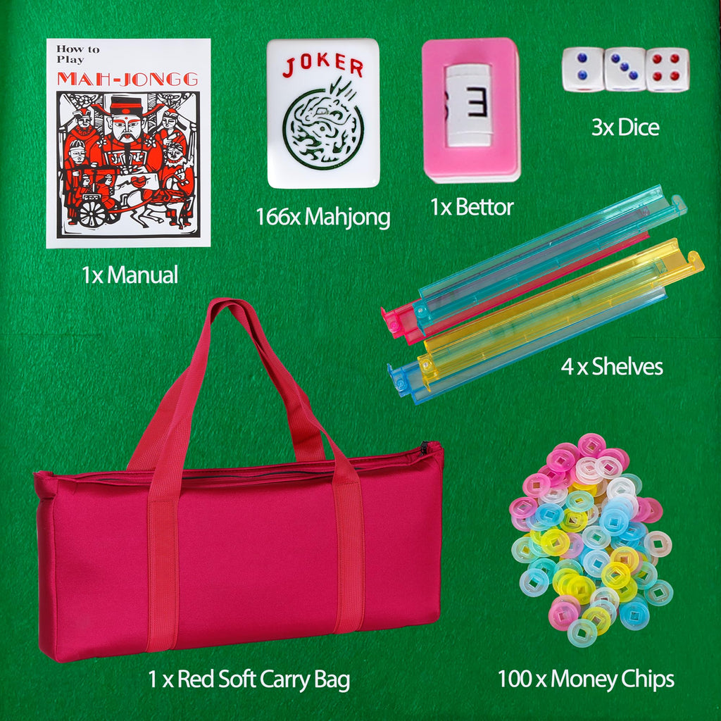 166 Tiles 4 Colors Mahjong Set with Rack Pushers Soft Bag A67813