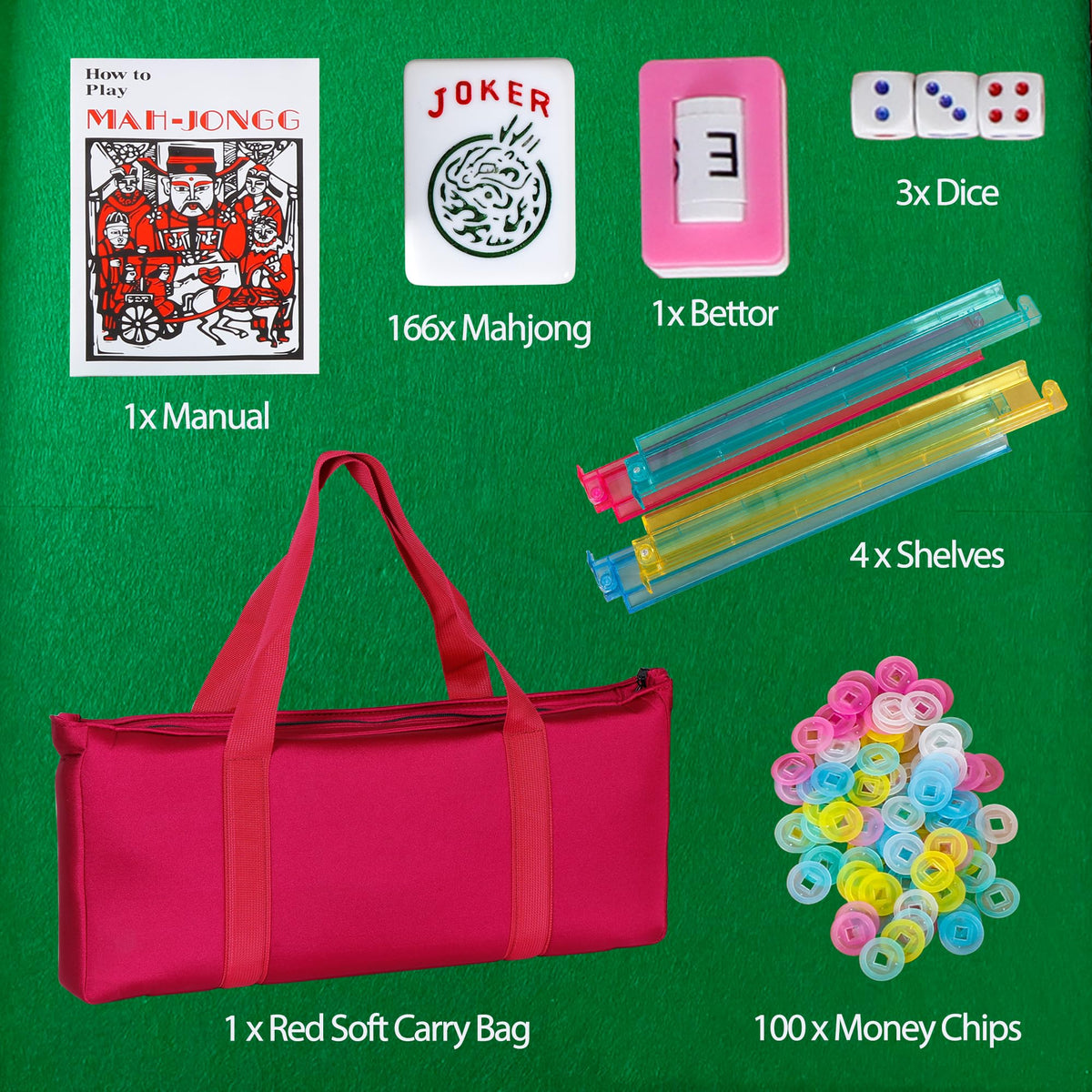 166 Tiles 4 Colors Mahjong Set with Rack Pushers Soft Bag A67813