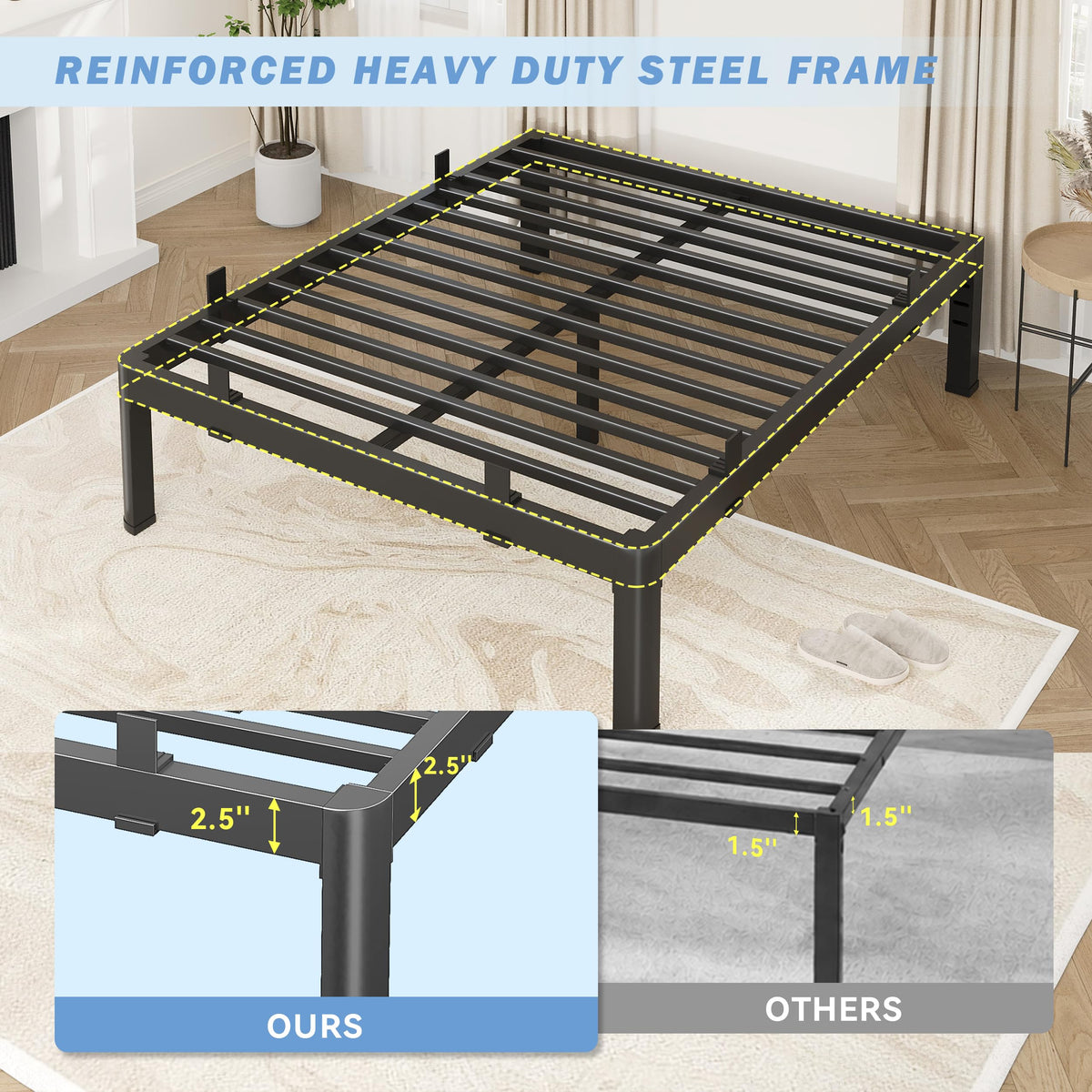 18 Inch Metal King Bed Frame with Steel Support V9695