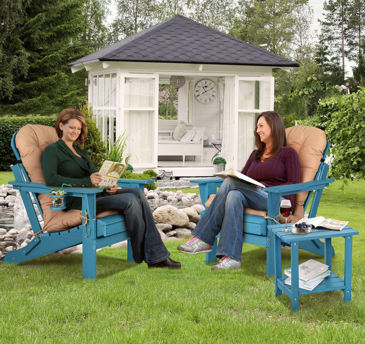 Folding Adirondack Chairs Set of 2 with Cushion, Blue HDPE Plastic Oversized Patio Chair N14958