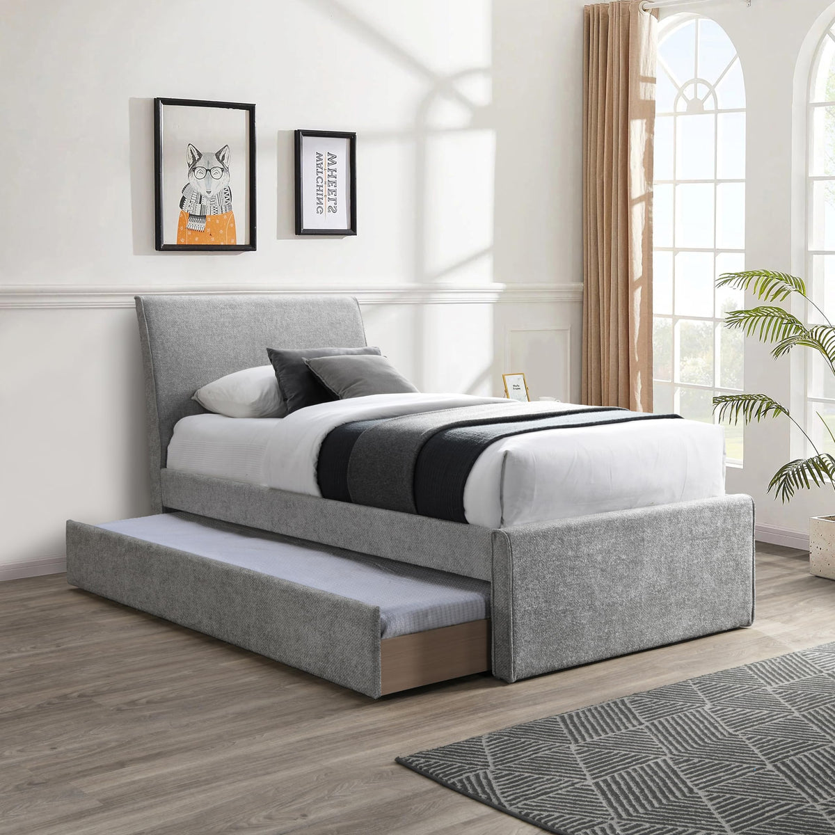 Grey Chenille Twin Trundle Bed D4225