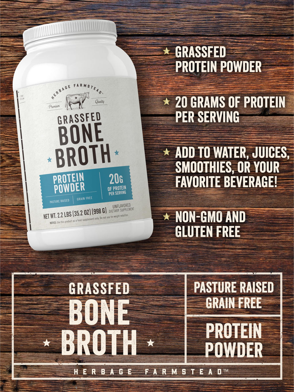 Grass Fed Bone Broth Protein Powder 35.2 oz 20g Protein Non-GMO Gluten Free V5882