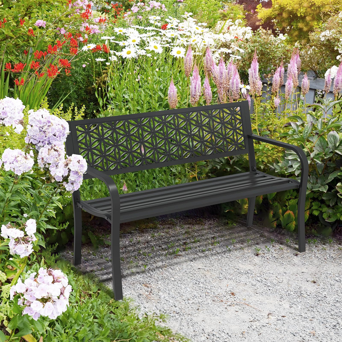 50" Black Metal Outdoor Bench with Floral Back F69148